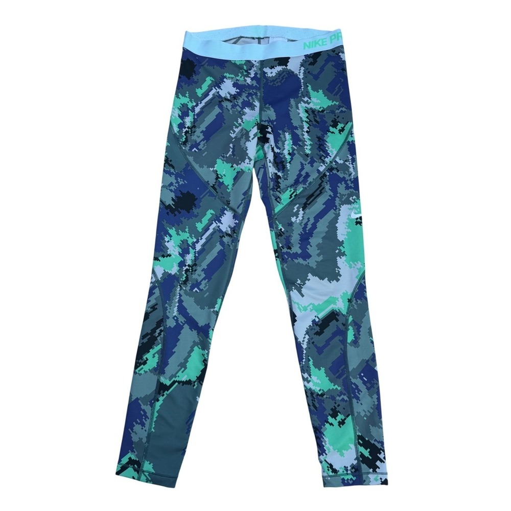 Nike Pro Hyperwarm Leggings Digital Camo Pixel Teal Navy Blue Sporty Active L